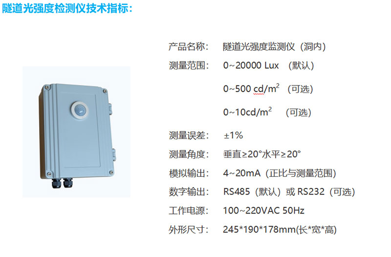 Technical parameters of tunnel light intensity monitor