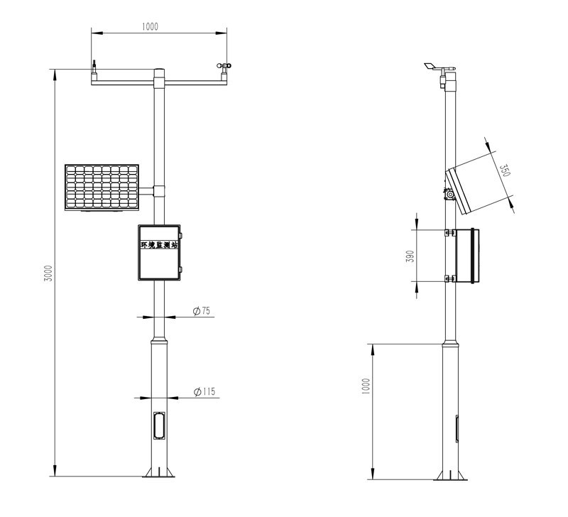 Wind speed and direction recorder product dimension drawing